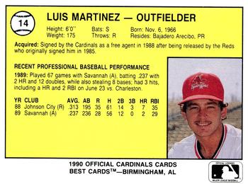 1990 Best Springfield Cardinals #14 Luis Martinez  Back