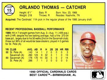 1990 Best Springfield Cardinals #15 Orlando Thomas  Back
