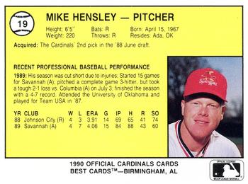 1990 Best Springfield Cardinals #19 Mike Hensley  Back