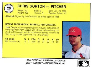 1990 Best Springfield Cardinals #20 Chris Gorton  Back