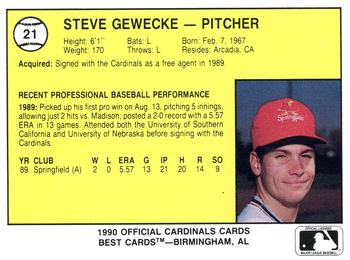 1990 Best Springfield Cardinals #21 Steve Gewecke  Back