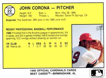 1990 Best Springfield Cardinals #22 John Corona  Back