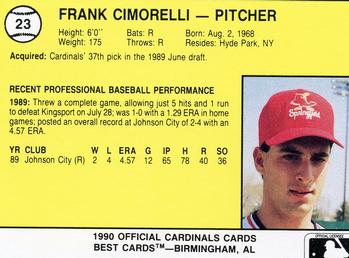 1990 Best Springfield Cardinals #23 Frank Cimorelli  Back