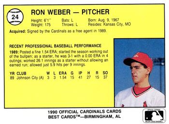 1990 Best Springfield Cardinals #24 Ron Weber  Back