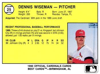 1990 Best Springfield Cardinals #25 Dennis Wiseman  Back