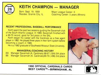 1990 Best Springfield Cardinals #26 Keith Champion Back