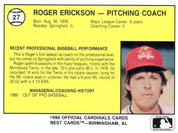 1990 Best Springfield Cardinals #27 Roger Erickson Back
