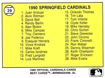 1990 Best Springfield Cardinals #29 Checklist  Back