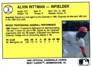 1990 Best Springfield Cardinals #2 Alvin Rittman  Back