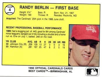 1990 Best Springfield Cardinals #4 Randy Berlin  Back