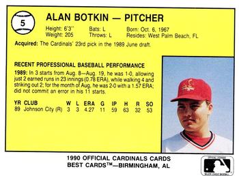 1990 Best Springfield Cardinals #5 Alan Botkin  Back