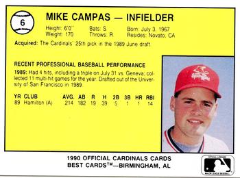1990 Best Springfield Cardinals #6 Mike Campas  Back