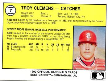 1990 Best Springfield Cardinals #7 Troy Clemens  Back