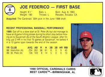 1990 Best Springfield Cardinals #8 Joe Federico  Back