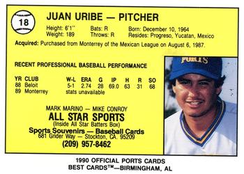 1990 Best Stockton Ports #18 Juan Uribe Back