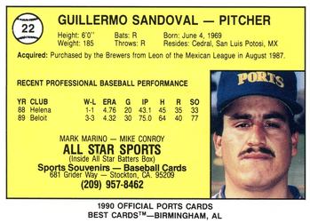 1990 Best Stockton Ports #22 Guillermo Sandoval  Back
