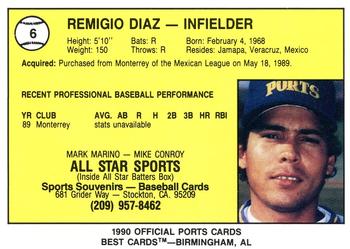 1990 Best Stockton Ports #6 Remigio Diaz  Back