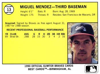 1990 Best Sumter Braves #13 Miguel Mendez  Back