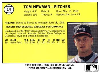 1990 Best Sumter Braves #14 Tom Newman  Back