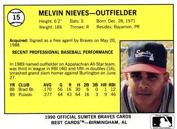 1990 Best Sumter Braves #15 Melvin Nieves  Back