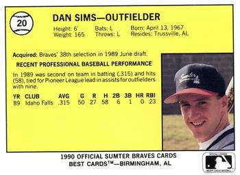 1990 Best Sumter Braves #20 Dan Sims  Back