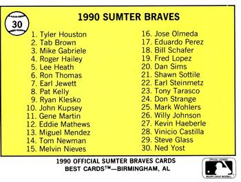 1990 Best Sumter Braves #30 Ned Yost Back