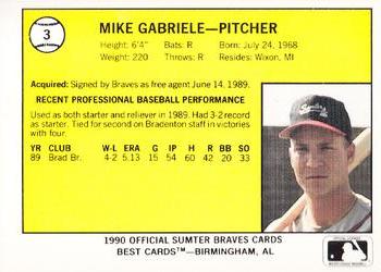 1990 Best Sumter Braves #3 Mike Gabriele  Back