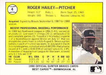 1990 Best Sumter Braves #4 Roger Hailey  Back