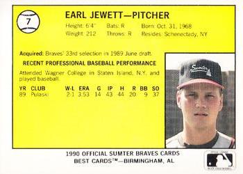 1990 Best Sumter Braves #7 Earl Jewett  Back