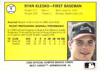 1990 Best Sumter Braves #9 Ryan Klesko  Back