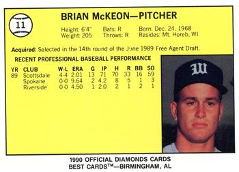 1990 Best Waterloo Diamonds #11 Brian McKeon  Back