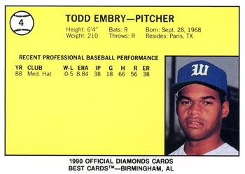 1990 Best Waterloo Diamonds #4 Todd Embry  Back