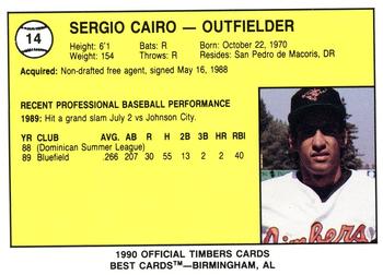1990 Best Wausau Timbers #14 Sergio Cairo  Back