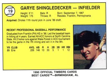 1990 Best Wausau Timbers #19 Gary Shingledecker  Back