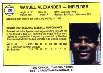 1990 Best Wausau Timbers #20 Manuel Alexander  Back