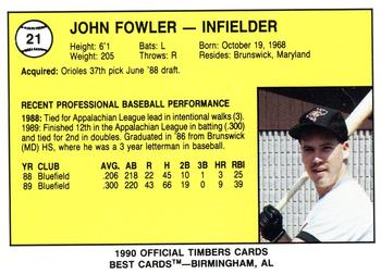 1990 Best Wausau Timbers #21 John Fowler  Back
