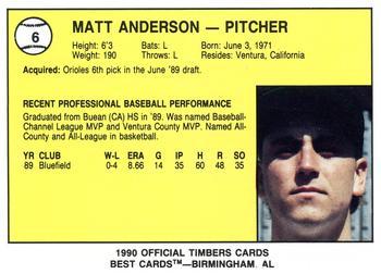 1990 Best Wausau Timbers #6 Matt Anderson  Back
