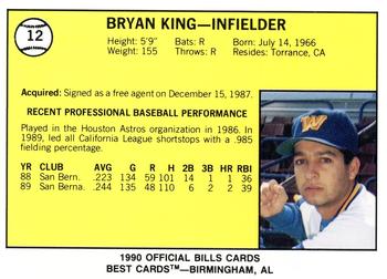 1990 Best Williamsport Bills #12 Bryan King  Back