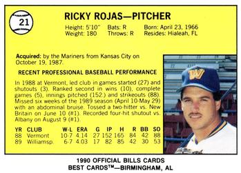 1990 Best Williamsport Bills #21 Ricky Rojas  Back