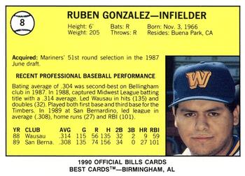 1990 Best Williamsport Bills #8 Ruben Gonzalez  Back