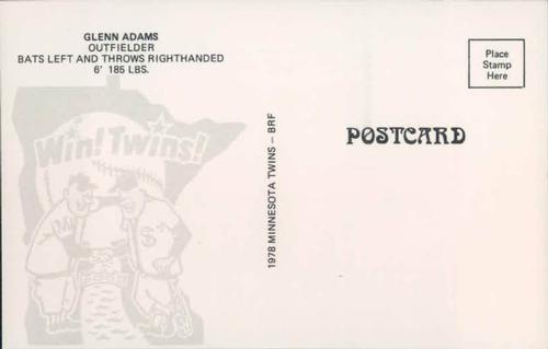 1978 Minnesota Twins Postcards #NNO Glenn Adams Back