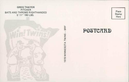1978 Minnesota Twins Postcards #NNO Greg Thayer Back