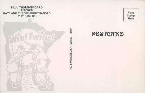 1978 Minnesota Twins Postcards #NNO Paul Thormodsgard Back