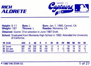 1990 Star Shreveport Captains #1 Rich Aldrete Back