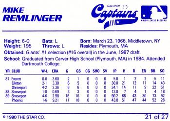 1990 Star Shreveport Captains #21 Mike Remlinger Back