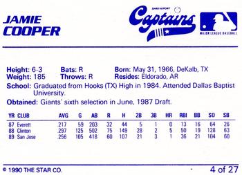 1990 Star Shreveport Captains #4 Jamie Cooper Back