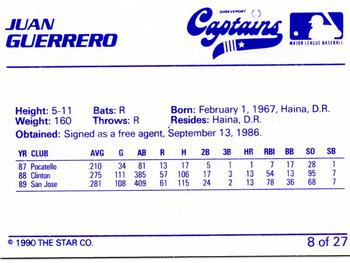 1990 Star Shreveport Captains #8 Juan Guerrero Back