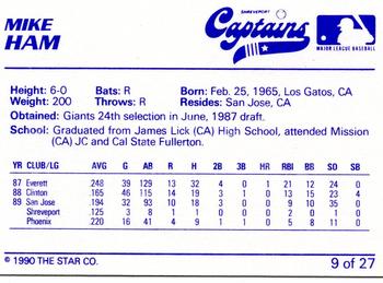 1990 Star Shreveport Captains #9 Mike Ham Back