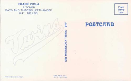 1985 Minnesota Twins Postcards #NNO Frank Viola Back