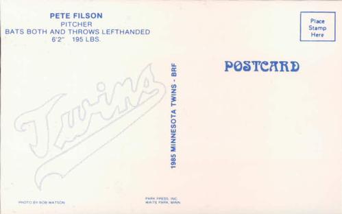 1985 Minnesota Twins Postcards #NNO Pete Filson Back